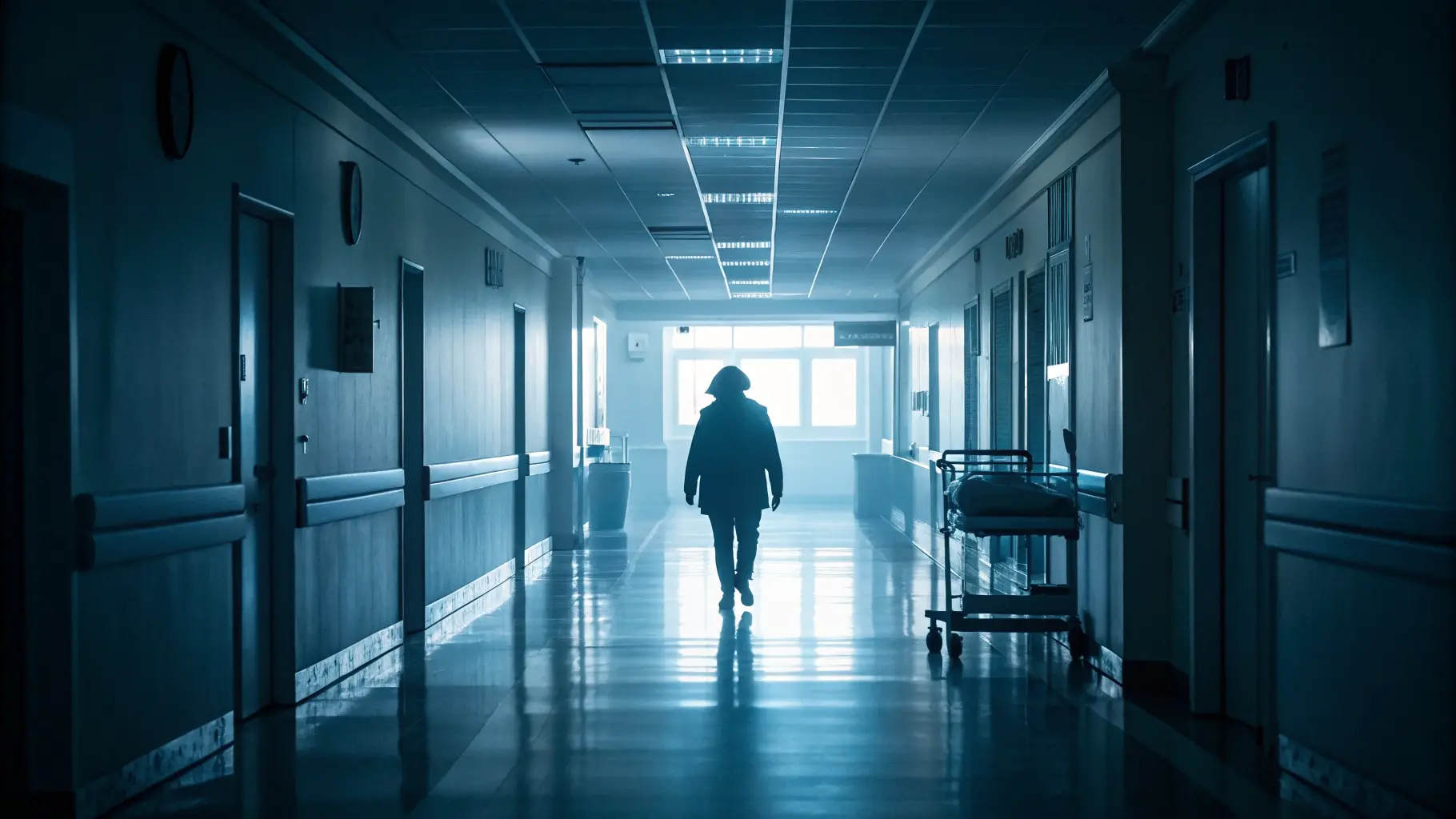 La crise des institutions de soin : une personne vêtue d'une blouse marche seule dans un couloir d'hôpital lumineux, avec des lits et des équipements vides le long des murs, éclairé par la lumière naturelle d'une grande fenêtre au bout du couloir.