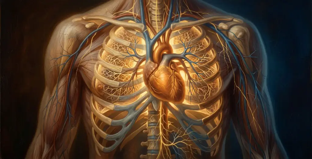 Illustration détaillée du corps humain mettant en évidence le cœur et le système circulatoire, symbolisant l'organique et la vitalité : ce que le corps nous dit de l'homme.