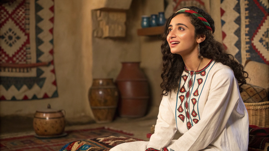 Une jeune femme d'origine kabyle aux longs cheveux bouclés, coiffée d'un bandeau coloré, est assise à l'intérieur, vêtue d'une robe traditionnelle blanche brodée. Elle sourit. En arrière-plan, des tissus à motifs et des poteries. Le tout est baigné d'une lumière chaleureuse. Illustration du roman « Histoire de la femme sauvage » d'Isabelle Desesquelles.